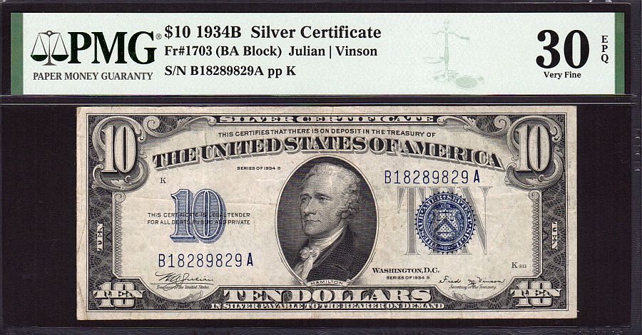 Fr.1703, 1934B $10 Silver Certificate, PMG-30 EPQ